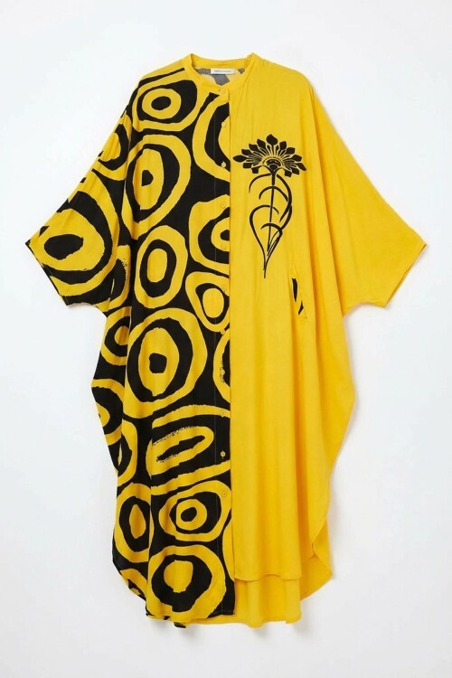 Sarı Nakış İşlemeli Maxi Boy Dokuma Viscon Elbise