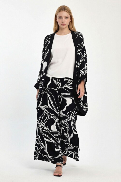 Siyah Baskılı Kimono Ve Pantolon Dokuma Viscon Alt Üst Takım