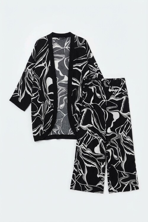 Siyah Baskılı Kimono Ve Pantolon Dokuma Viscon Alt Üst Takım