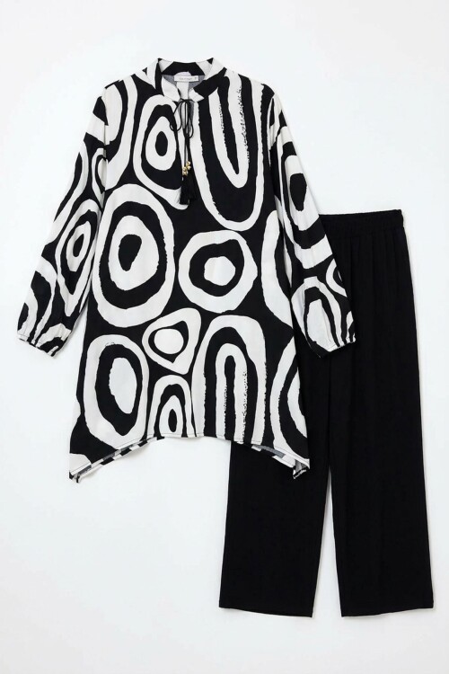 Siyah Beyaz Geometrik Desenli Pantolon Ve Uzun Tunik Alt Üst Takım