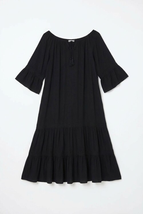 Siyah Kayık Yaka Maxi Boy Dokuma Viscon Elbise