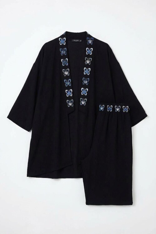 Siyah Mavi Nakış İşlemeli Ceket Ve Pantolon Dokuma Viscon Alt Üst Takım