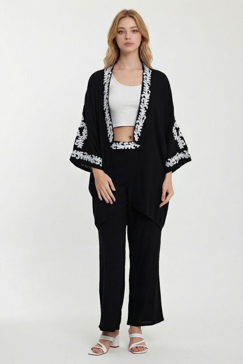 Siyah Nakış İşlemeli Alt Üst Kimono Pantolon Takım