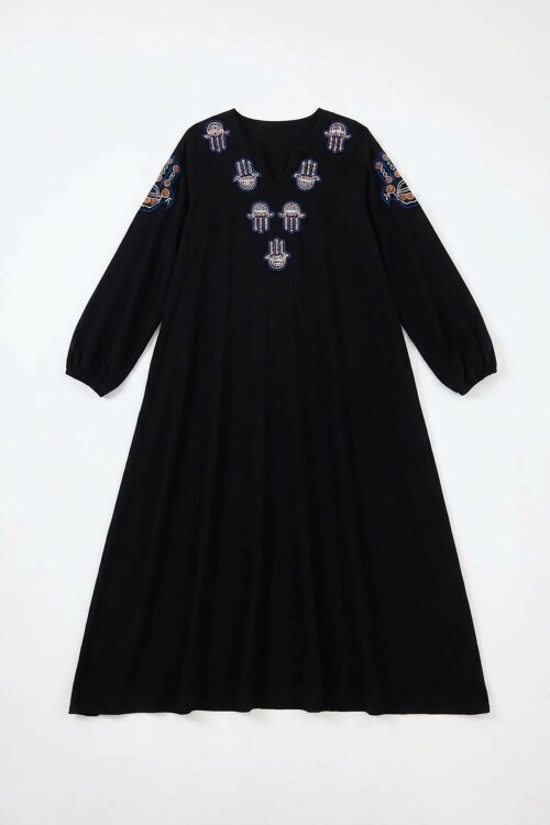 Siyah Nakış İşlemeli Maxi Boy Dokuma Viscon Elbise