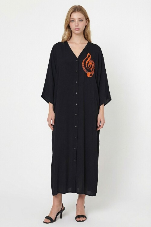 Siyah Nakış İşlemeli Maxi Boy Dokuma Viscon Elbise