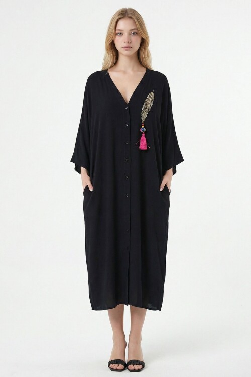 Siyah Nakış İşlemeli Maxi Boy Dokuma Viscon Elbise