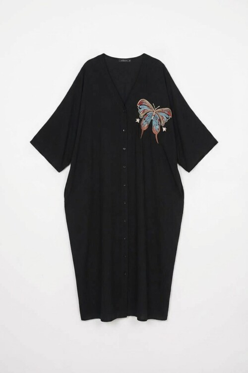 Siyah Nakış İşlemeli Maxi Boy Dokuma Viscon Elbise