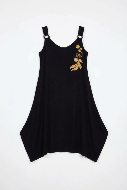 Siyah Nakış İşlemeli Örme Viscon Elbise