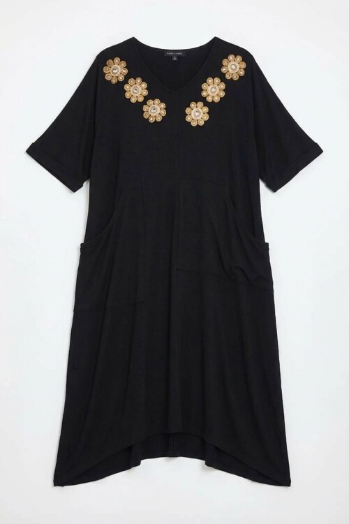 Siyah Nakış İşlemeli Örme Viscon Elbise