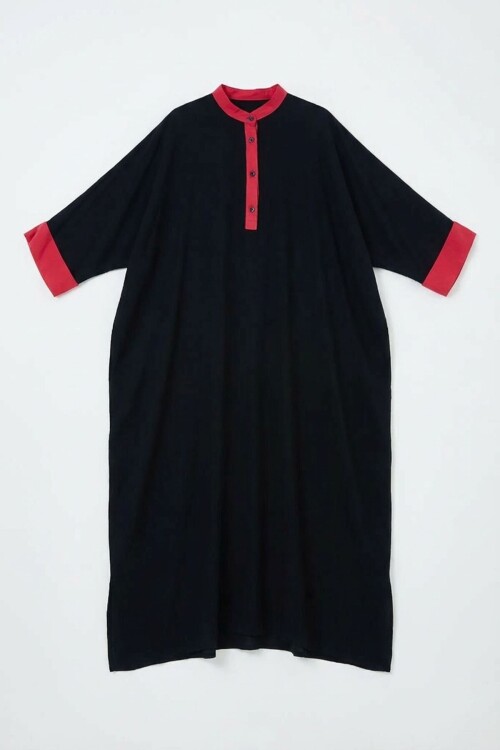 Siyah Renk Bloklu Uzun Boy Salaş Dokuma Elbise