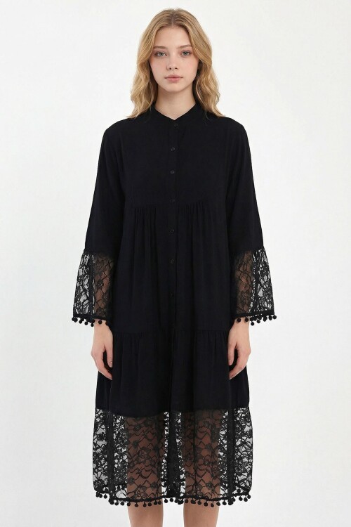 Siyah Tül Detaylı Uzun Boy Dokuma Viscon Elbise