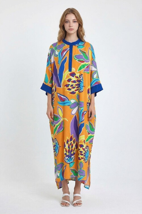 Turuncu Hakim Yaka Çiçek Desenli Uzun Boy Dokuma Elbise