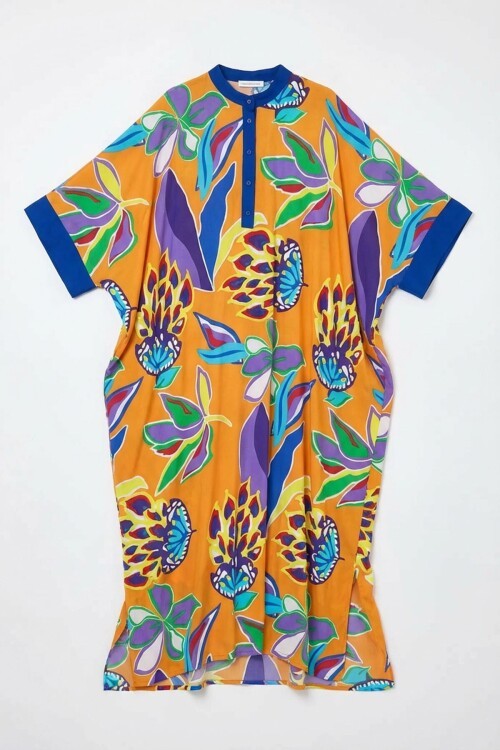 Turuncu Hakim Yaka Çiçek Desenli Uzun Boy Dokuma Elbise