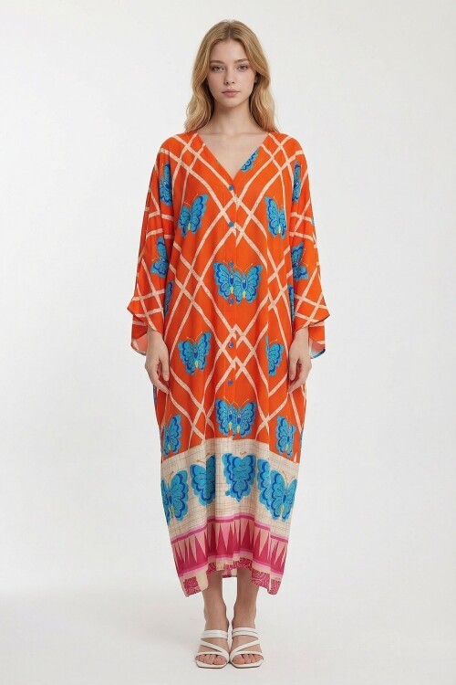 Turuncu V Yaka Çiçek Desenli Uzun Boy Dokuma Gömlek Elbise