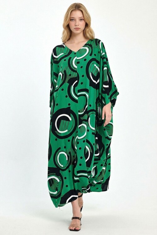 Yeşil Baskılı Maxi Boy Dokuma Viscon Elbise