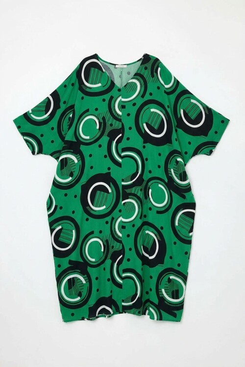 Yeşil Baskılı Maxi Boy Dokuma Viscon Elbise