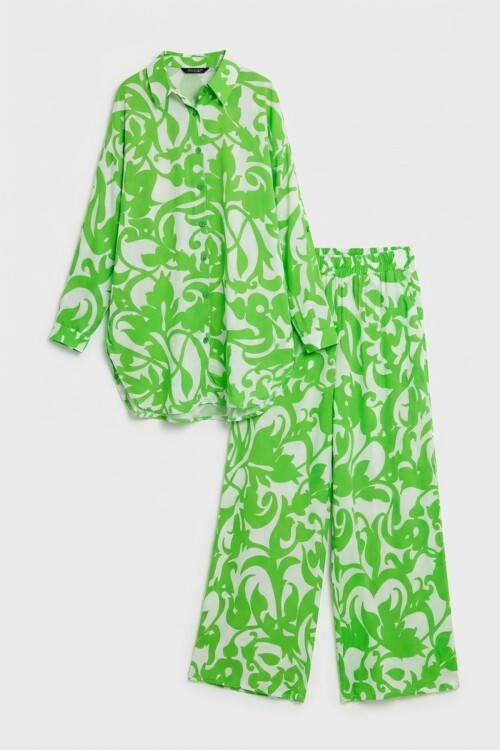 Yeşil Çiçek Desenli Gömlek Ve Pantolon Dokuma Alt Üst Takım
