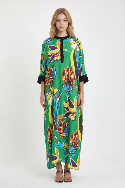 Yeşil Hakim Yaka Çiçek Desenli Uzun Boy Dokuma Elbise