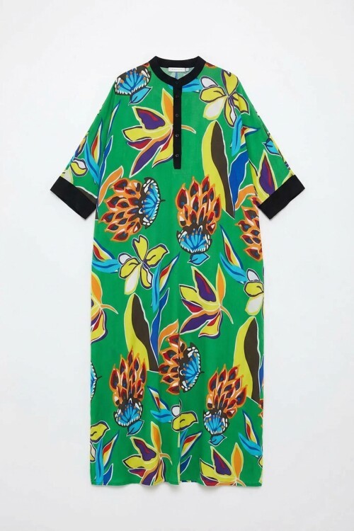 Yeşil Hakim Yaka Çiçek Desenli Uzun Boy Dokuma Elbise