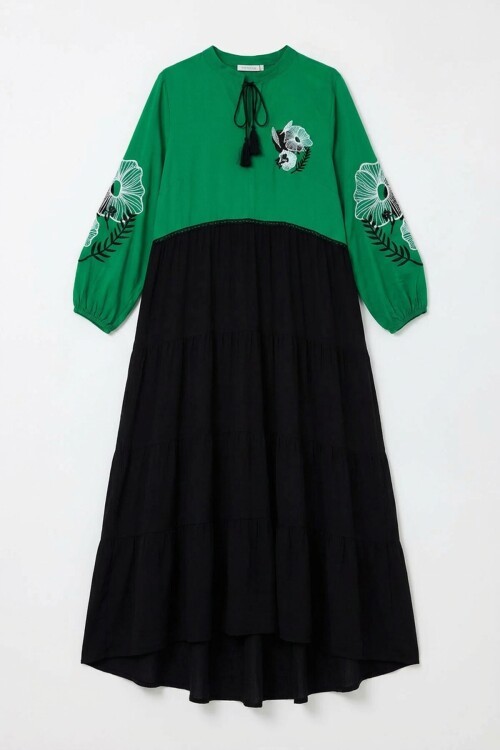 Yeşil Hakim Yaka Nakış İşlemeli Renk Bloklu Uzun Boy Gömlek Elbise