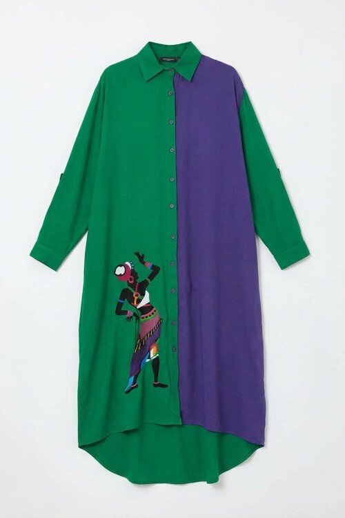 Yeşil Nakış İşlemeli Maxi Boy Dokuma Viscon Elbise