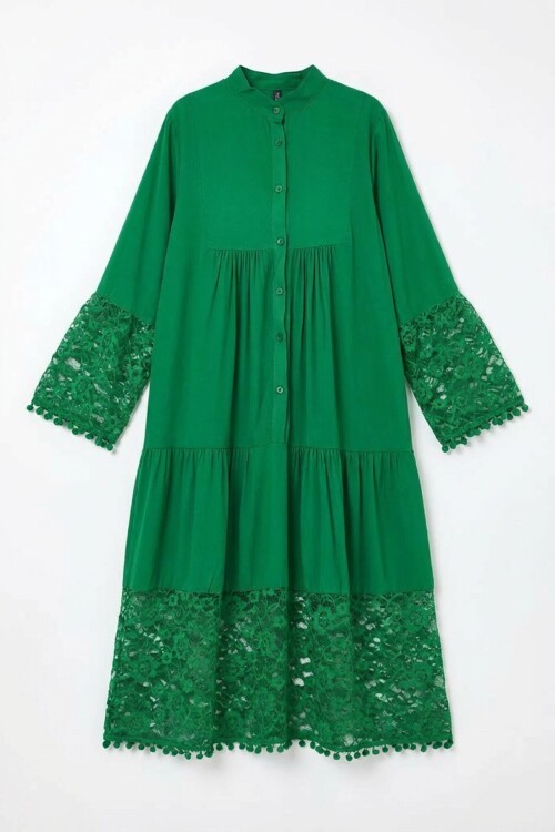 Yeşil Tül Detaylı Uzun Boy Dokuma Viscon Elbise