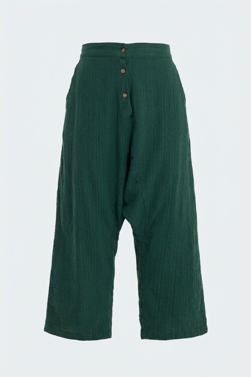 Zümrüt Yeşili Çift Cepli Düğme Detaylı Düşük Ağ Şalvar Pantolon