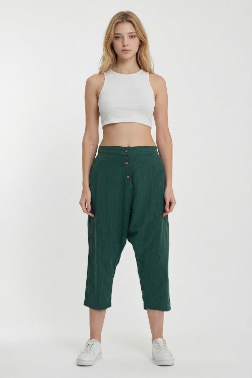 Zümrüt Yeşili Çift Cepli Düğme Detaylı Düşük Ağ Şalvar Pantolon