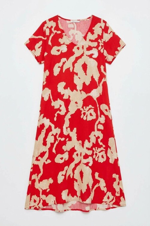 Mercan Derin V Yaka Yırtmaçlı Desenli Midi Boy Elbise