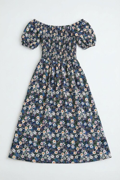 Mix Kare Yaka Beli Gipeli Çiçek Desenli Dokuma Yazlık Elbise