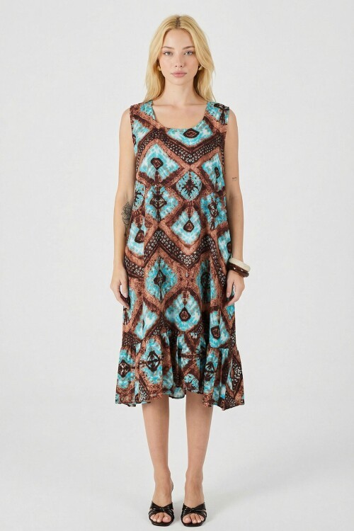 Mix Oval Yaka Çift Cepli Volanlı Kolsuz Midi Elbise