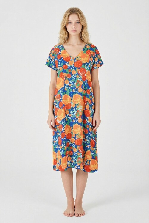 Mix V Yaka Kısa Kollu Midi Boy Desenli Elbise