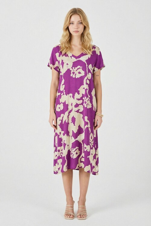 Mor Derin V Yaka Yırtmaçlı Desenli Midi Boy Elbise