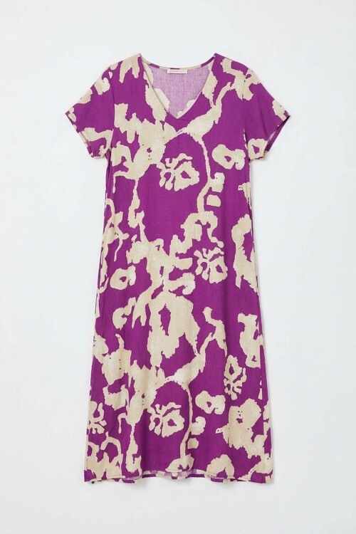 Mor Derin V Yaka Yırtmaçlı Desenli Midi Boy Elbise