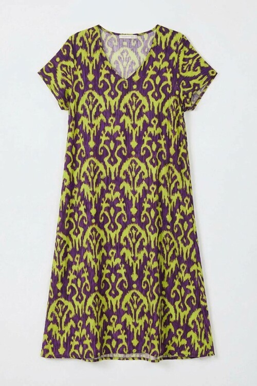 Mor Desenli V Yaka Midi Boy Elbise