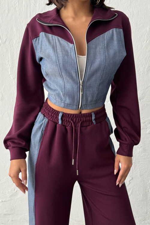 Mürdüm Kot Kumaş Garnili Yumuşak Dokulu Pantolon Ceket Takım BCHN-25261021