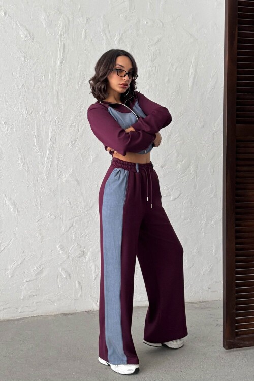 Mürdüm Kot Kumaş Garnili Yumuşak Dokulu Pantolon Ceket Takım BCHN-25261021