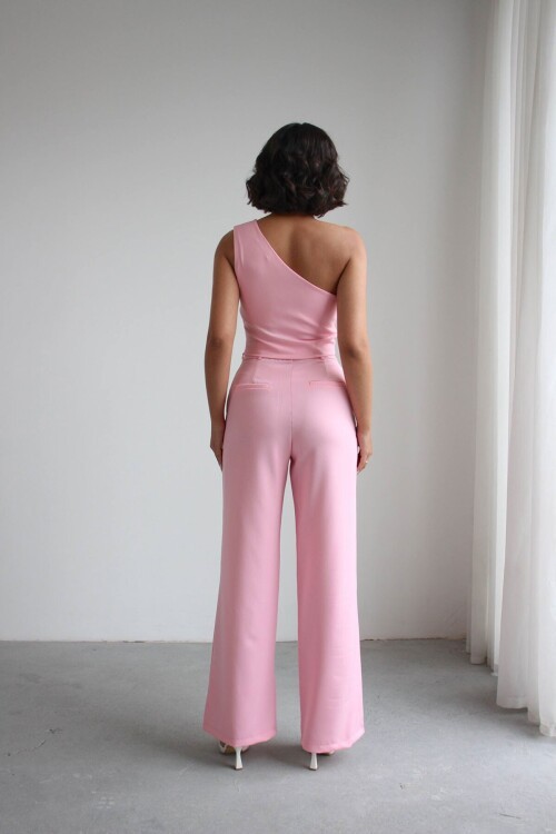 Pembe Aksesuar Detaylı Bluz Ve Pantolon Dokuma Alt Üst Takım