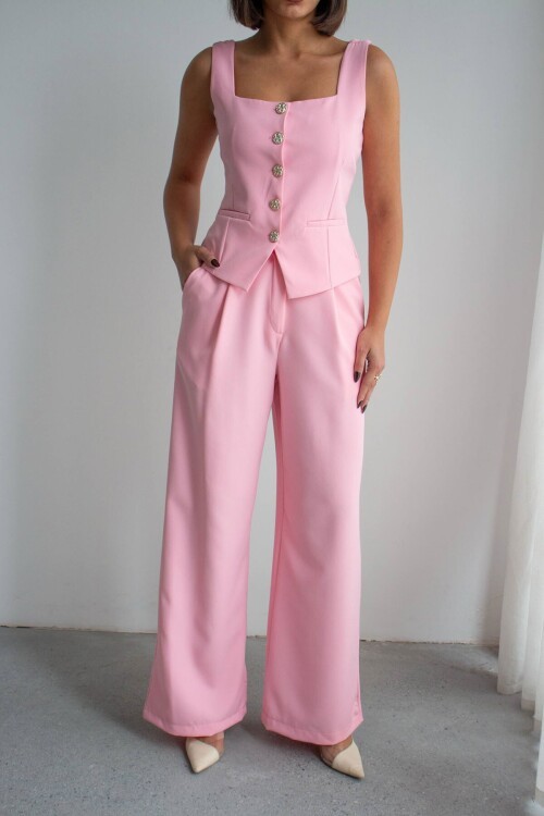 Pembe Brit Detaylı Kare Yaka Crep Bluz Ve Pantolon Alt Üst Takım