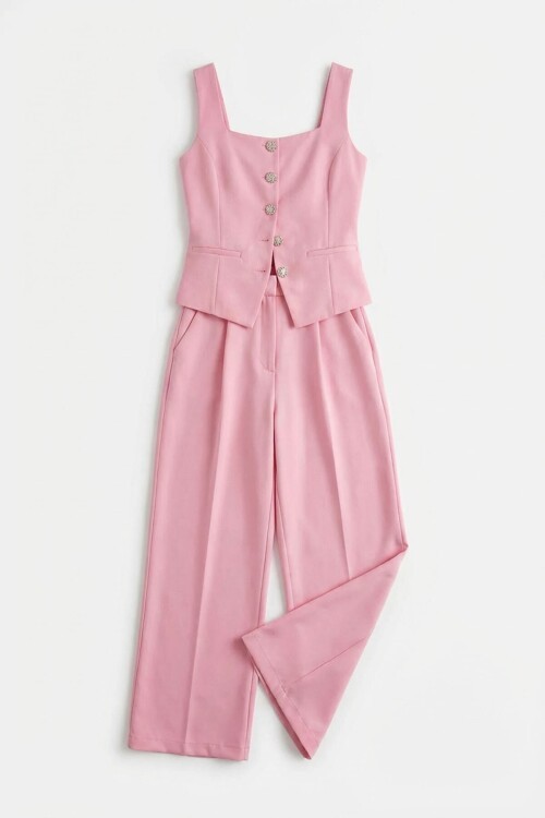 Pembe Brit Detaylı Kare Yaka Crep Bluz Ve Pantolon Alt Üst Takım