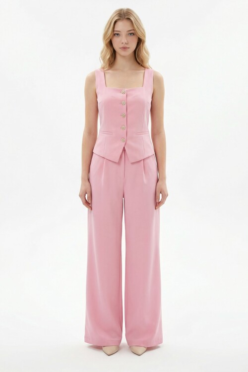 Pembe Brit Detaylı Kare Yaka Crep Bluz Ve Pantolon Alt Üst Takım