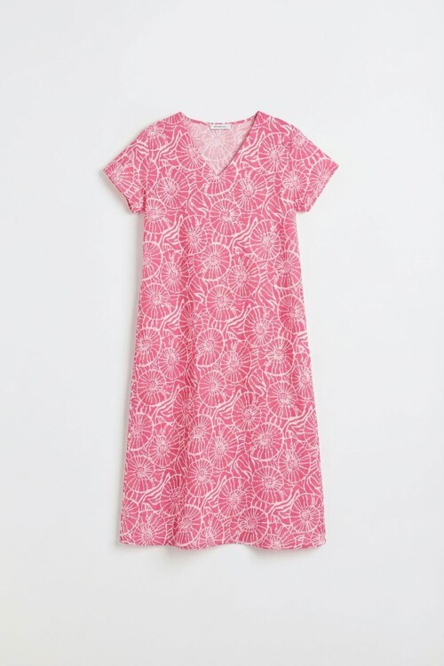 Pembe Derin V Yaka Kısa Kollu Çizgi Desenli Midi Boy Elbise