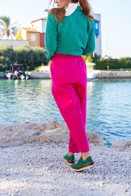 Pembe Gabardin Beli Lastikli Cepli Salaş Pantolon