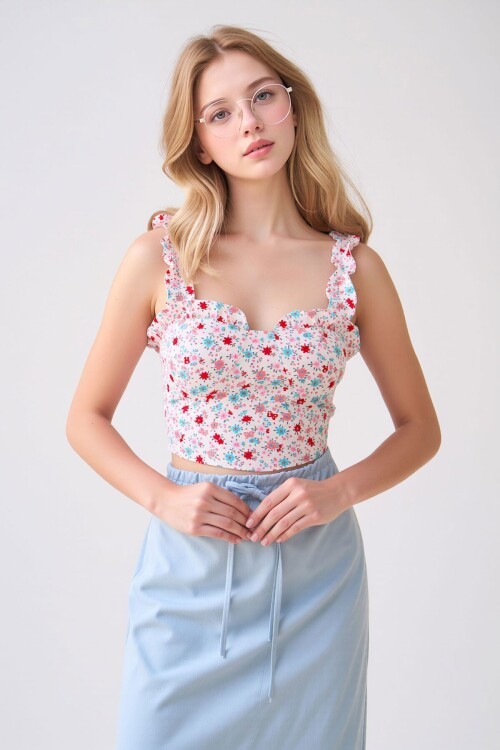 Pembe Kalp Yaka Çiçek Desenli Sırtı Gipeli Fırfırlı Crop Bluz