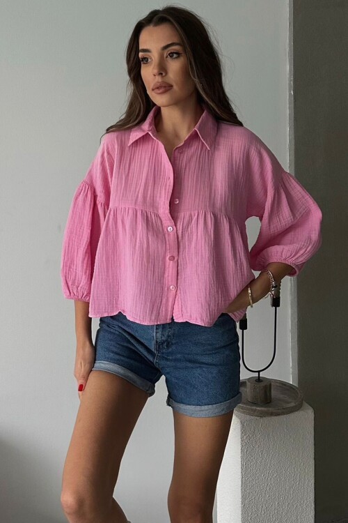 Pembe Kısa Kol Müslin Kumaş Premium Gömlek