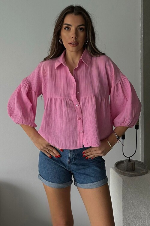 Pembe Kısa Kol Müslin Kumaş Premium Gömlek