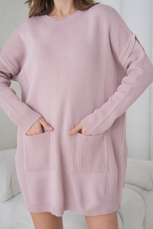 Pembe Ribanalı Bisiklet Yaka Mini Triko Elbise BCHPK-251239