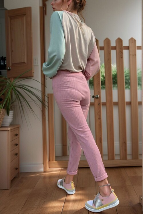 Pembe Yumuşak Dokulu Fitilli Yüksek Bel Tayt