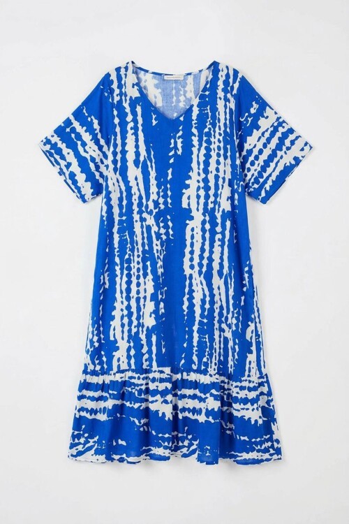 Saks Batik Desenli V Yaka Eteği Volanlı Oversize Elbise