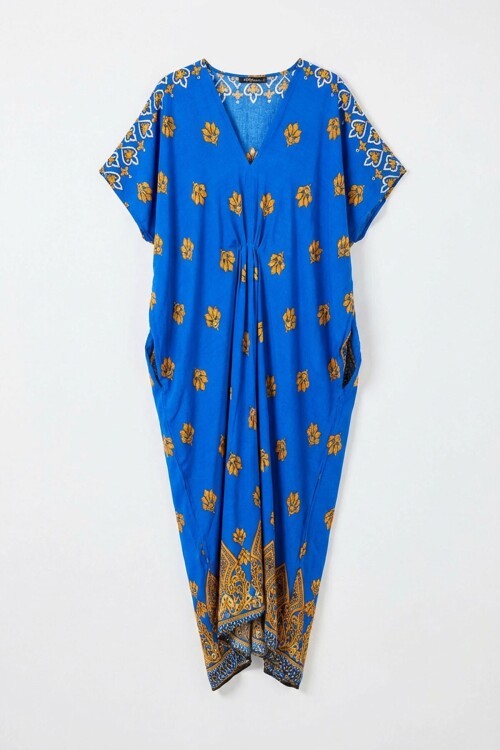 Saks Desenli V Yaka Salaş Kesim Kaftan Elbise